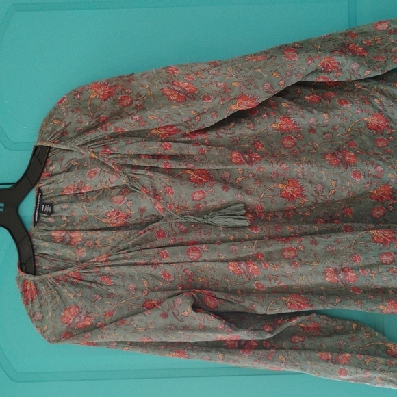 ⚜️Gauze Blue Roses on Tobacco Brown Dress  Sz  LG - Picture 7 of 15